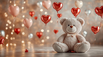 Wall Mural - Cuddly teddy bear amidst floating heart balloons with soft lighting