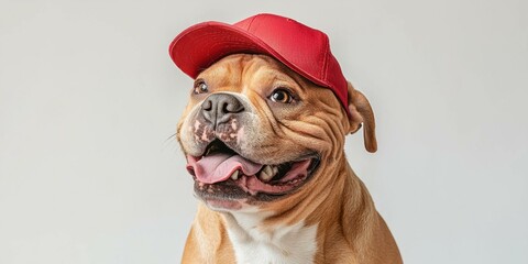 Sticker - Happy dog wearing a red cap. AI.