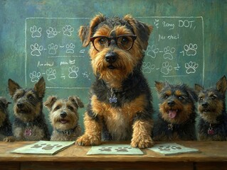 Canvas Print - Dogs in a classroom learning math. AI.