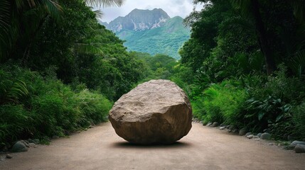 Massive boulder blocks narrow pathway in green jungle. Obstacle emotional burdens, challenges in journey to healing. Nature setting suggests mental health concepts like resilience, overcoming trauma.