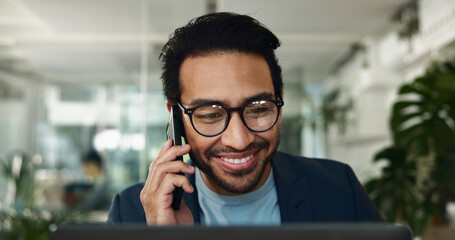 Poster - Man, phone call and plan on laptop in office, schedule meeting and talking to client. Male person, communication and online for news quote by contact, press journalist and calendar notes on app