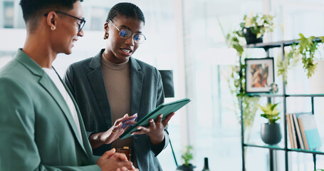 Aufkleber - Teamwork, consultant and tablet with business people in office for sustainability manager, eco research and planning. Environment policy, climate change solution and discussion with employees