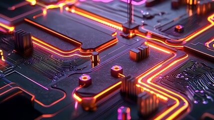 Poster - Glowing neon orange lines on dark futuristic circuit board.