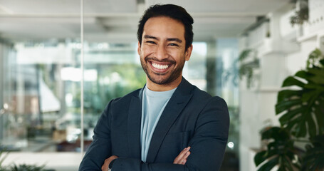 Fototapete - Business portrait, happy or man with arms crossed in office for software maintenance, career pride or confidence. Professional, programmer or smile for programming startup or database troubleshooting