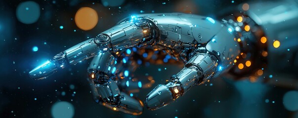 Poster - futuristic robotic hand with glowing blue details extending forward