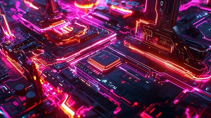 Poster - Abstract glowing cyberpunk circuit board with CPU.