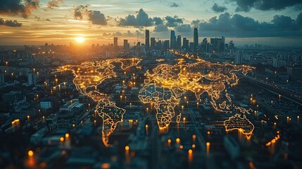Poster - A digital representation of a world map with glowing lights over a cityscape at sunset.