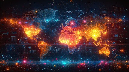 Poster - A digital representation of the world map illuminated with vibrant colors and data points.