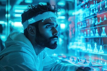 Poster - Man Using Advanced Augmented Reality Interface for Chess Gameplay