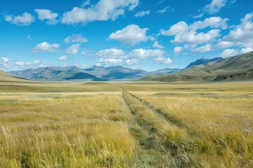 Wall Mural - Vast grassy plains stretch under a blue sky with clouds, leading towards distant mountains, showcasing nature's beauty and tranquility