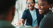 © peopleimages.com - Business, people and handshake with welcome in office for b2b upsell opportunity and contract agreement success. Internal collaboration, happy account manager and shaking hands for client onboarding