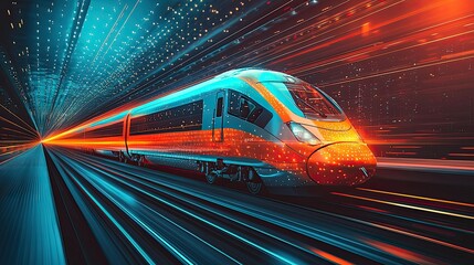 Poster - A futuristic train speeding through a vibrant, digital tunnel of light and motion.