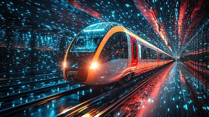 Poster - A futuristic train traveling through a vibrant, illuminated tunnel with dynamic effects.