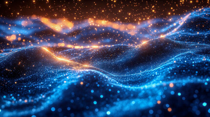 Poster - A dynamic display of illuminated waves in vibrant blue and orange hues, resembling a digital fantasy or cosmic energy