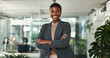 © peopleimages.com - Portrait, happy lawyer and black woman in office for advocate, confidence and business. Arms crossed, legal counsel and attorney clerk with smile at law firm of Nigeria for career growth or justice