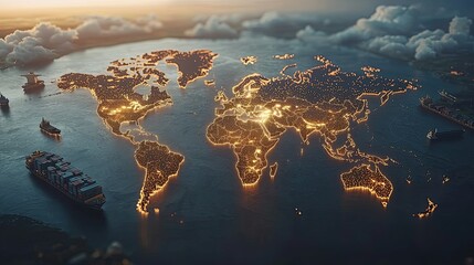Poster - A glowing map of the world overlaid on water, depicting global connections and trade.