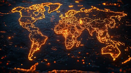 Poster - A glowing map of the world, depicted in orange lines against a dark background.