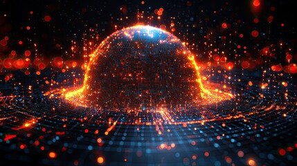 Poster - A glowing, digital dome surrounded by vibrant particles and a grid pattern.