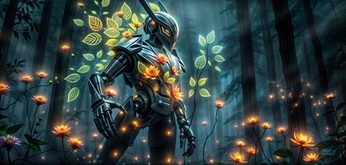 surreal glowing robot with ethereal lights surrounded by a forest for use in sci-fi and fantasy art