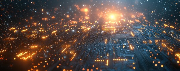 Poster - Close-up view of an illuminated digital circuit board with glowing components