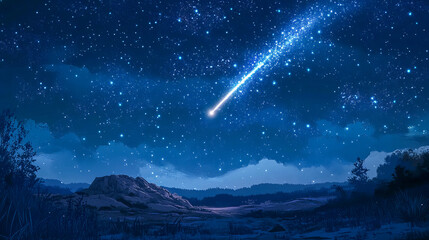 Wall Mural - Stunning night sky with a bright shooting star over a quiet landscape
