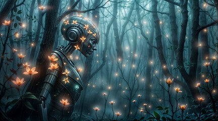 sci-fi robot glowing in mystical forest with lights for use in surreal and fantasy themed designs