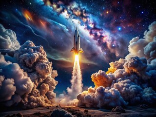 Wall Mural - dramatic rocket launch into starry night sky, cloudscape