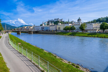 Wall Mural - The City of Salzburg with Salzach River and Fortress Hochensalzburg in the State of Salzburg in Austria.