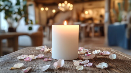 Wall Mural - Tranquil candlelit ambiance with soft petals on rustic wooden table