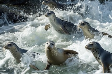 Aufkleber - Seals playfully splash in the ocean waves at a rocky coastline during the afternoon