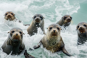 Aufkleber - Seals playfully splash in the ocean waves at a rocky coastline during the afternoon