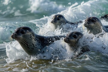 Aufkleber - Seals playfully splash in the ocean waves at a rocky coastline during the afternoon