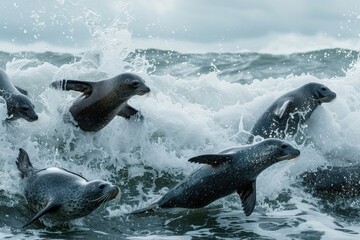 Aufkleber - Seals playfully splash in the ocean waves at a rocky coastline during the afternoon