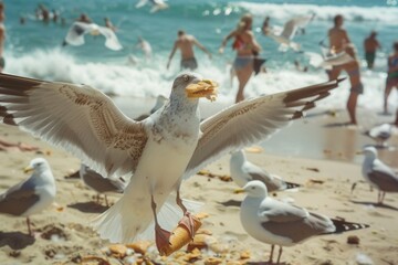 Poster - Seagulls gather at the shoreline competing for bread scraps during a sunny day at the beach, creating a lively atmosphere full of splashes and excitement