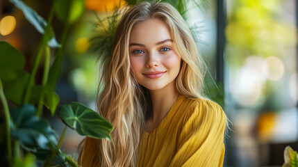 Wall Mural - Young caucasian female smiling amidst lush greenery in sunlit setting