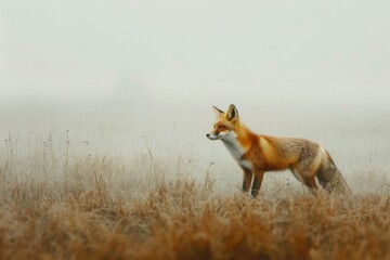 Poster - Red fox roaming through a foggy meadow at dawn in a tranquil natural setting showcasing wildlife in its habitat