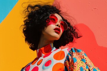 Poster - Vibrant fashion display featuring a model in bold sunglasses and colorful striped attire against a bright geometric background