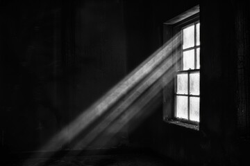 Aufkleber - Light from a small window casts dramatic shadows in a dark room during the afternoon, creating a moody atmosphere