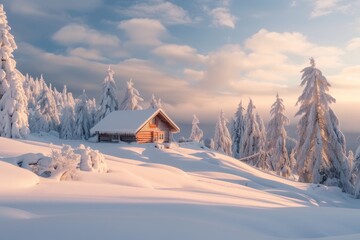 Poster - Snowy winter landscape featuring a log cabin surrounded by majestic mountains and evergreen trees under a clear blue sky