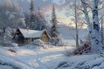 Poster - Snowy winter landscape featuring a log cabin surrounded by majestic mountains and evergreen trees under a clear blue sky