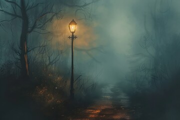 Poster - Bright street lamp illuminates foggy pathway in a quiet evening setting