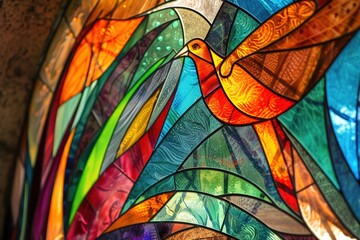 Poster - Vibrant stained glass design featuring intricate floral patterns and a rich palette of colors illuminated by natural light in a cozy interior space