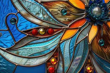 Poster - Vibrant stained glass design featuring intricate floral patterns and a rich palette of colors illuminated by natural light in a cozy interior space