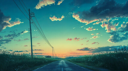 Wall Mural - Sunset over quiet country road with clouds and power lines