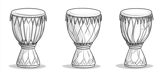Wall Mural - Three African Djembe Drums Drawings With Different Patterns, Musical Instruments Illustrations Set