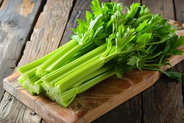 Wall Mural - Freshly harvested celery resting on a wooden cutting board in a rustic kitchen setting during daylight hours