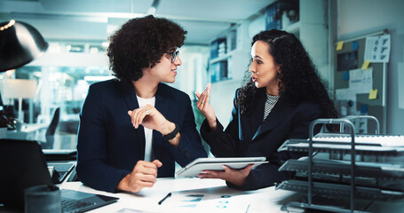 Aufkleber - Office, business people and tablet for online research, internet discussion and documents. Administrator, man and corporate women on tech for project management, reading email and planning at desk
