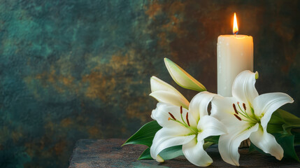 Wall Mural - Serene candlelight with white lilies against textured background