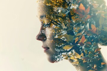 Aufkleber - Artistic representation of a woman's profile blended with nature elements during a serene moment in a forest setting