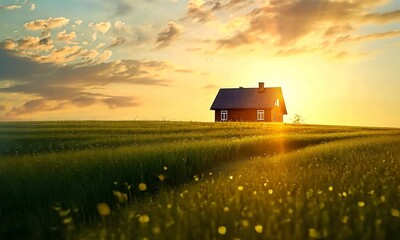 Wall Mural - Sunset over field with solitary house and wildflowers